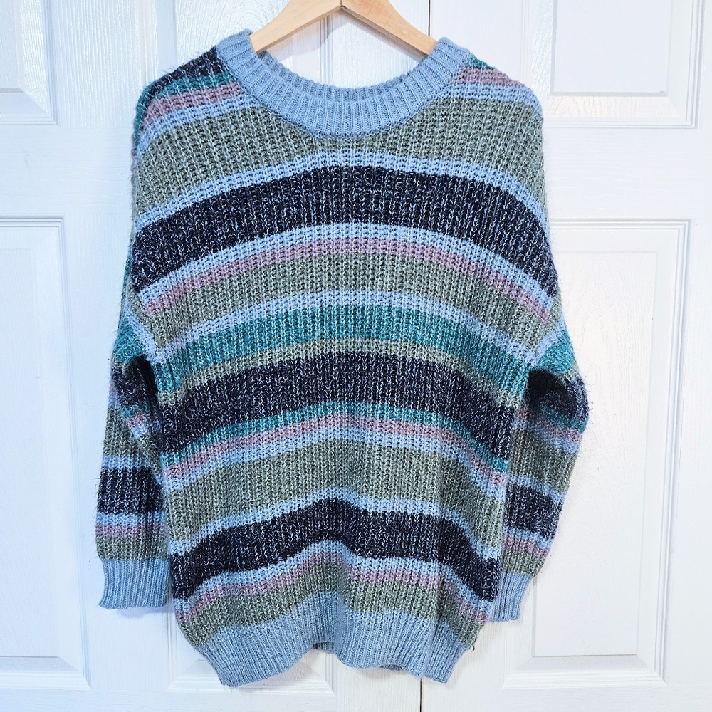 Oversized chunky knit striped blue purple and green sweater